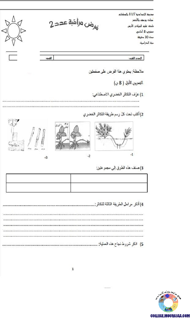 فرض مراقبة سنة الثامنة في علوم الحياة و الارض الثلاثي الثاني