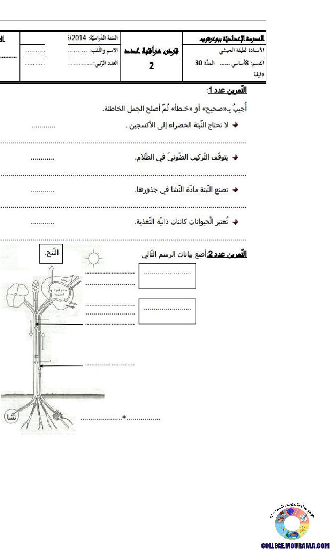 فرض مراقبة سنة الثامنة في علوم الحياة و الارض الثلاثي الثاني