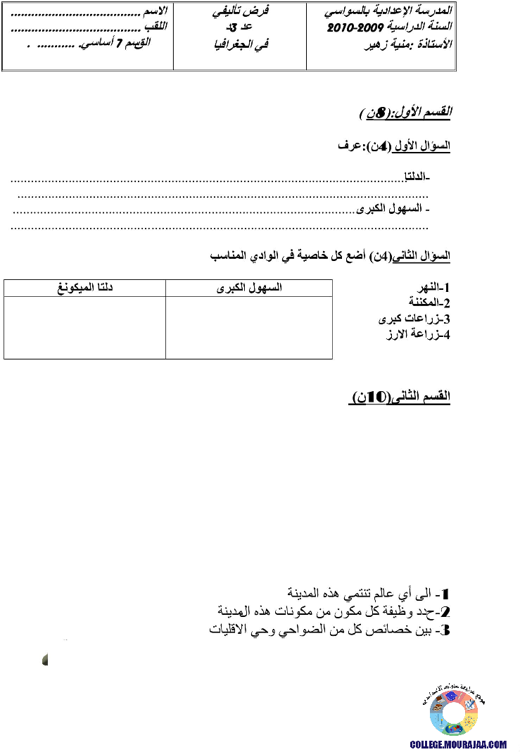 فرض تأليفي سنة السابعة في الجغرافيا الثلاثي الثالث