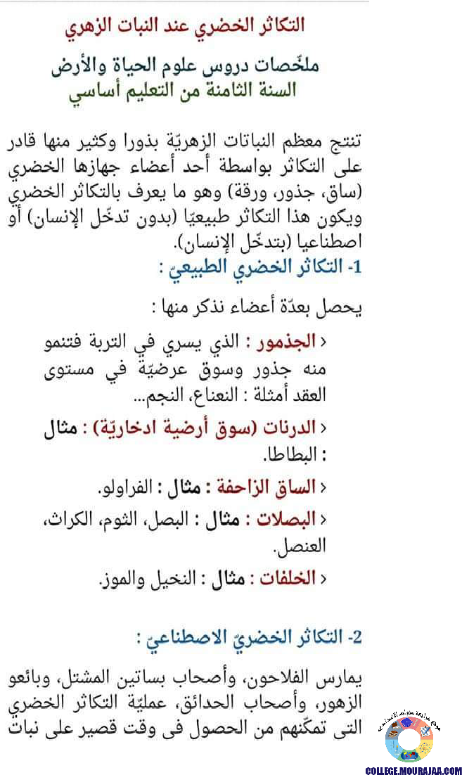 ملخصات دروس علوم الحياة و الارض سنة الثامنة