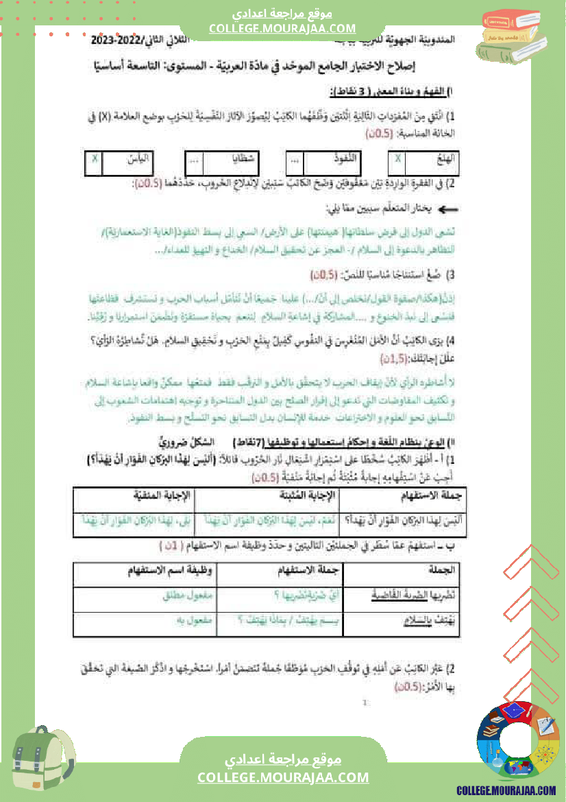 تاسعة أساسي عربية الاختبار التأليفي عدد 2 مع الاصلاح الثلاثي الثاني الفرض الإصلاح