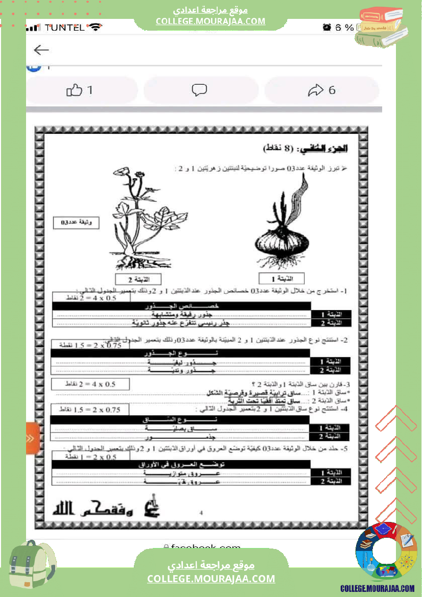 سابعة أساسي علوم الحياة و الأرض فرض تاليفي عدد 2 مع الاصلاح