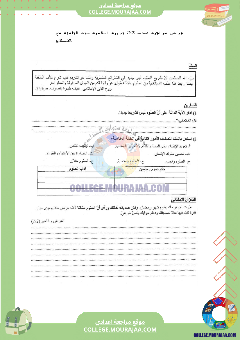 فرض مراقبة عدد 2 تربية اسلامية سنة الثامنة مع الاصلاح