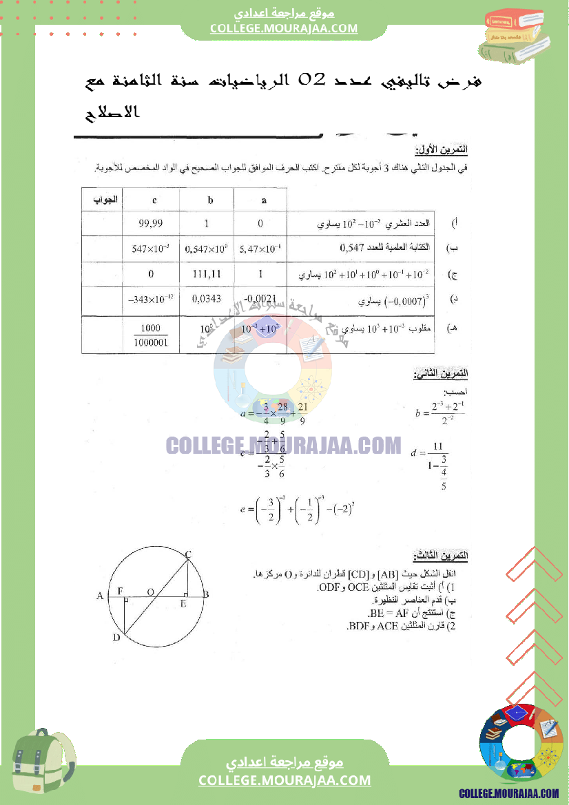 موقع مراجعة اعدادي فرض تاليفي عدد 2 الرياضيات سنة الثامنة مع الاصلاح