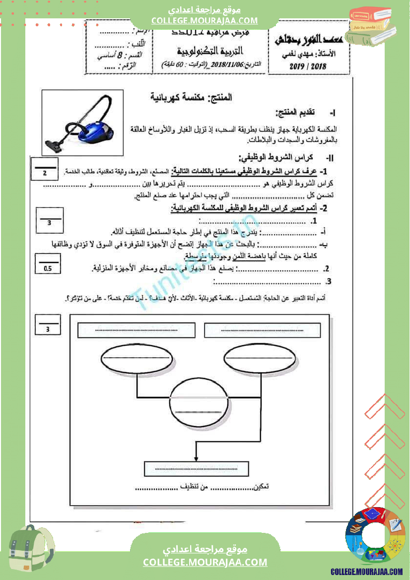 فرض مراقبة الثامنة التربية التكنولوجية الثلاثي الأول مع الإصلاح