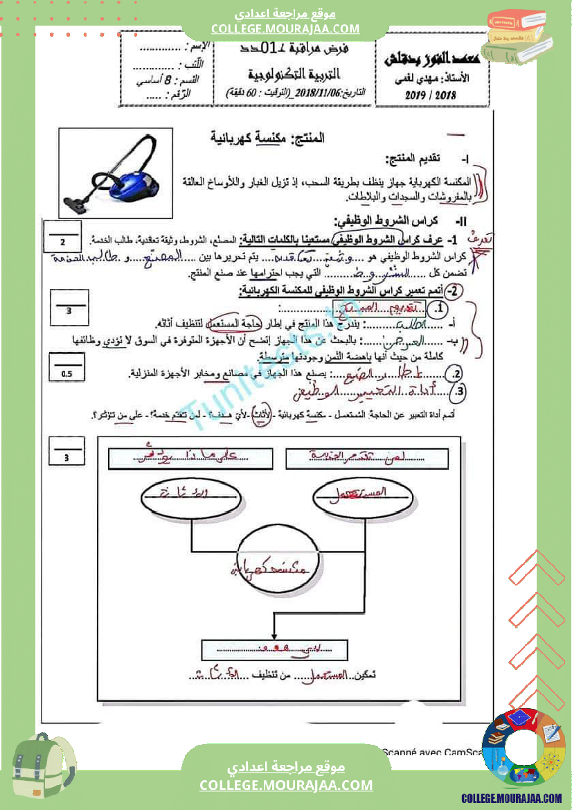 فرض مراقبة الثامنة التربية التكنولوجية الثلاثي الأول مع الإصلاح