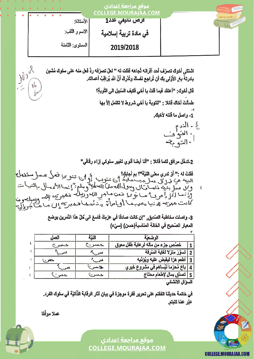فرض تأليفي الثامنة التربية الاسلامية الثلاثي الأول مع الإصلاح