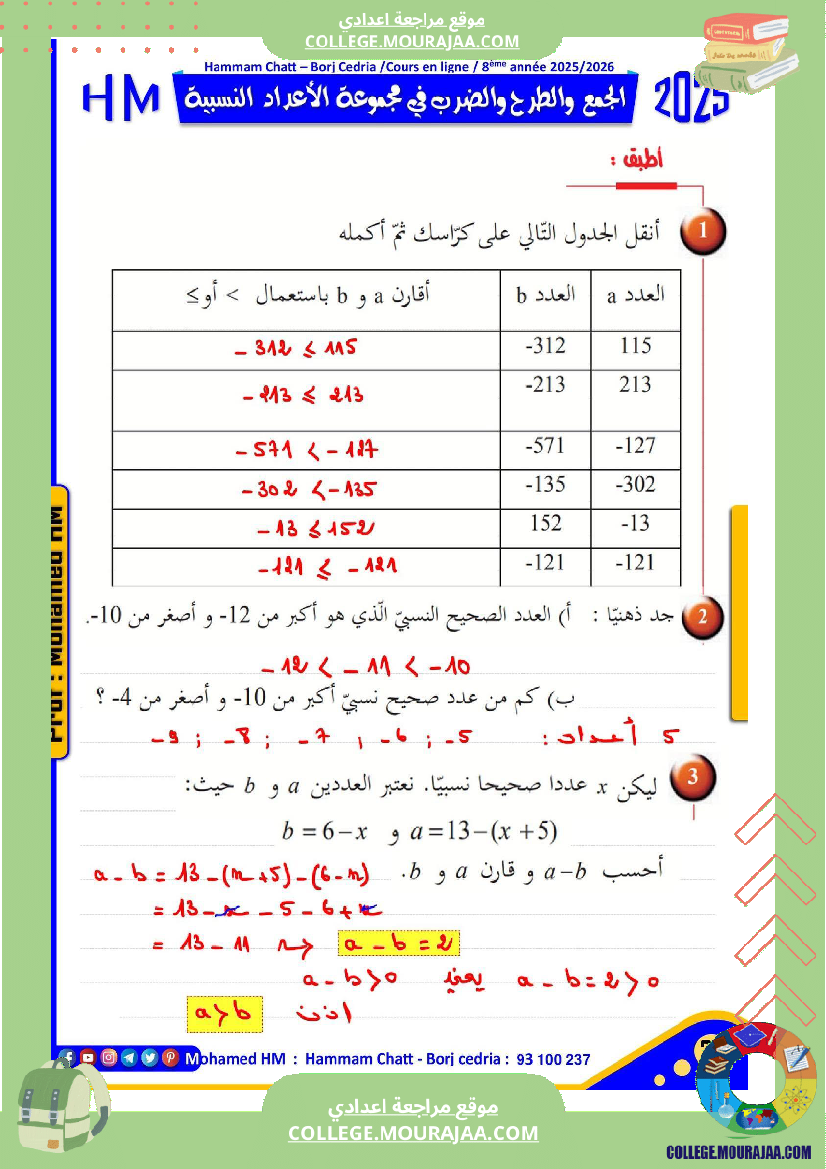 فرض تأليفي للسنة الثامنة الرياضيات الثلاثي الأول مع الإصلاح