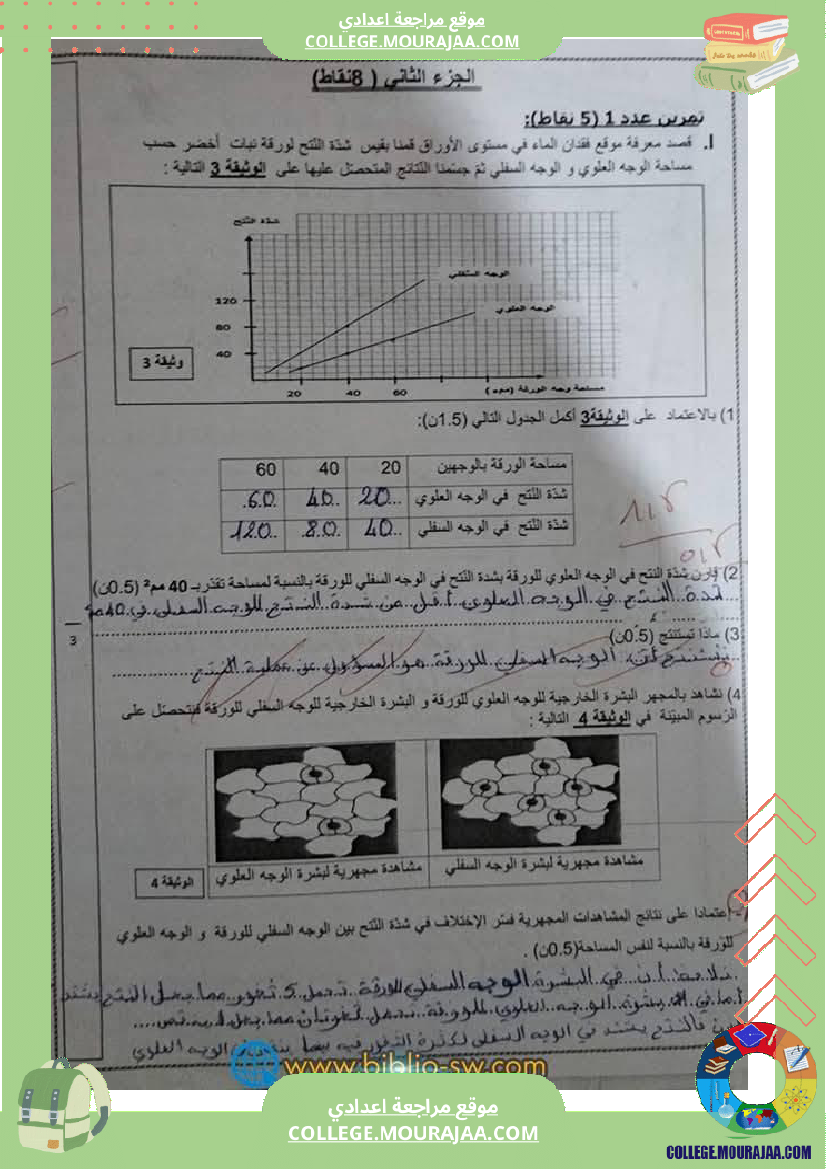 فرض تأليفي سنة الثامنة علوم الحياة و الارض الثلاثي الأول مع الإصلاح