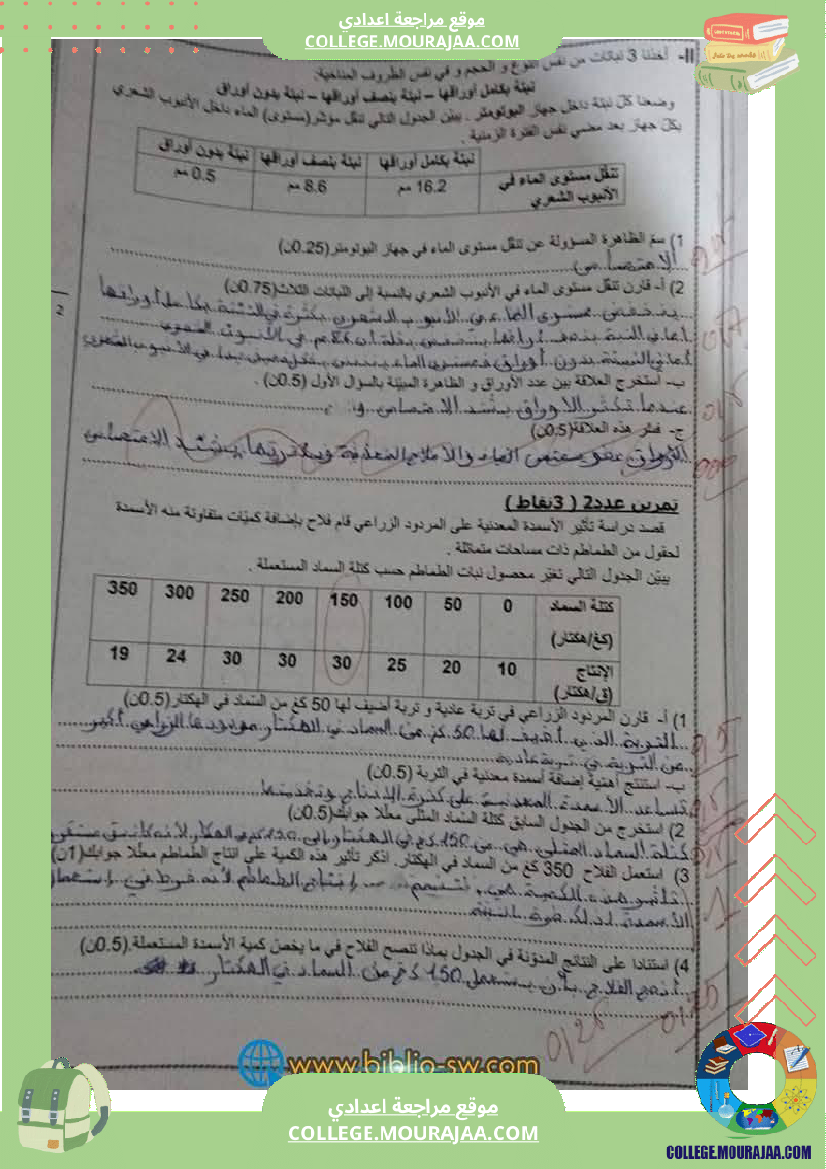 فرض تأليفي سنة الثامنة علوم الحياة و الارض الثلاثي الأول مع الإصلاح