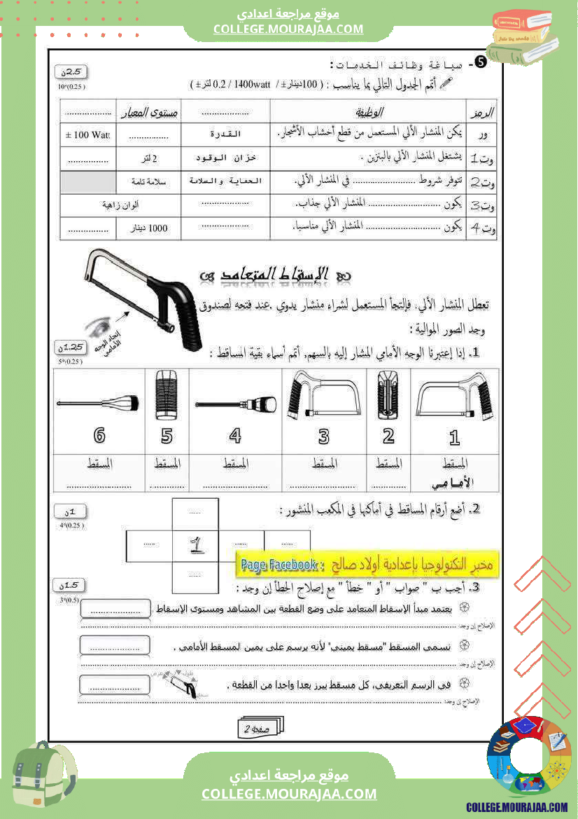 فرض تأليفي الثامنة في التربية التكنولوجية الثلاثي الأول مع الإصلاح