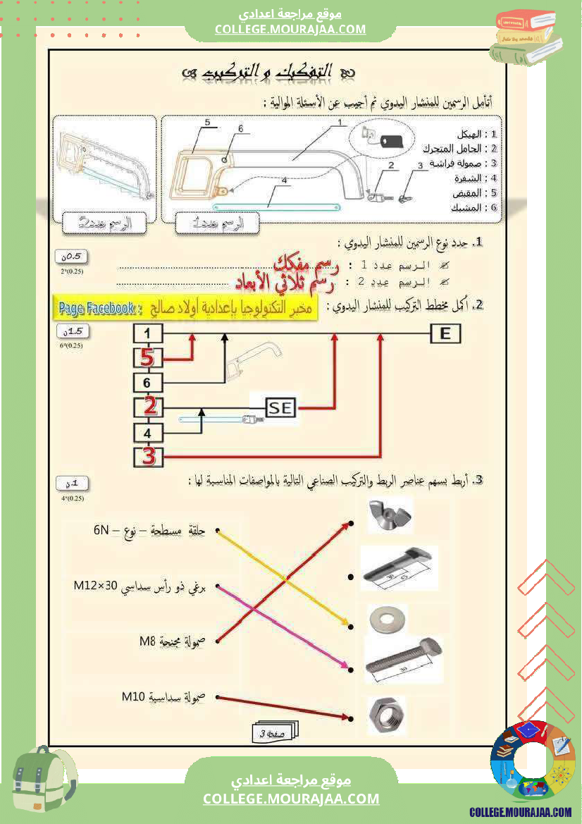 فرض تأليفي الثامنة في التربية التكنولوجية الثلاثي الأول مع الإصلاح