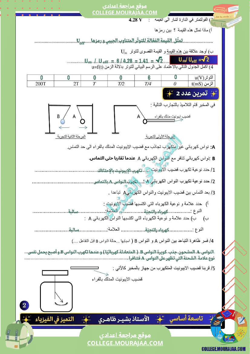 فرض تأليفي التاسعة العلوم الفيزيائية ثلاثي أول