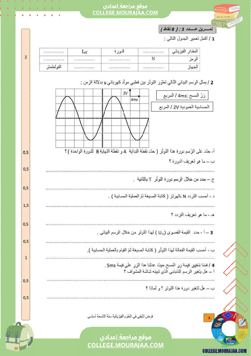 فرض تأليفي التاسعة في العلوم الفيزيائية الثلاثي الأول