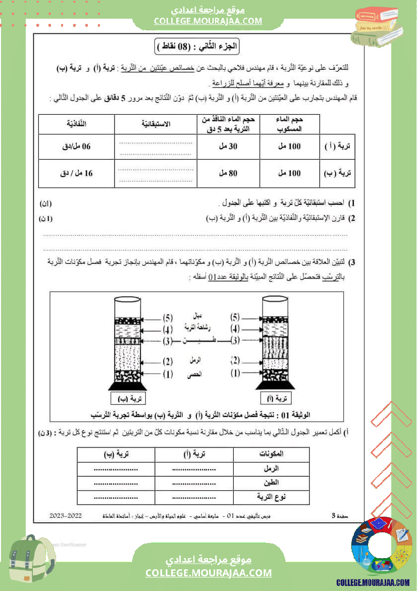 فرض تأليفي سنة السابعة علوم الحياة و الارض الثلاثي الأول مع الإصلاح