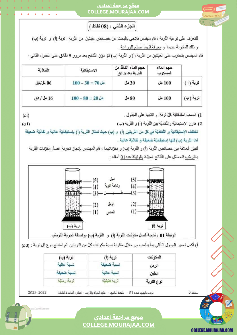 فرض تأليفي سنة السابعة علوم الحياة و الارض الثلاثي الأول مع الإصلاح