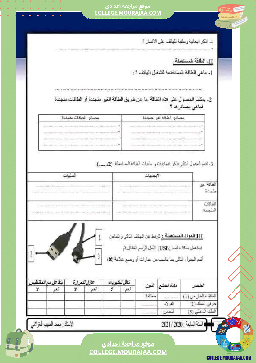 فرض تأليفي السابعة التربية التكنولوجية الثلاثي الأول مع الإصلاح