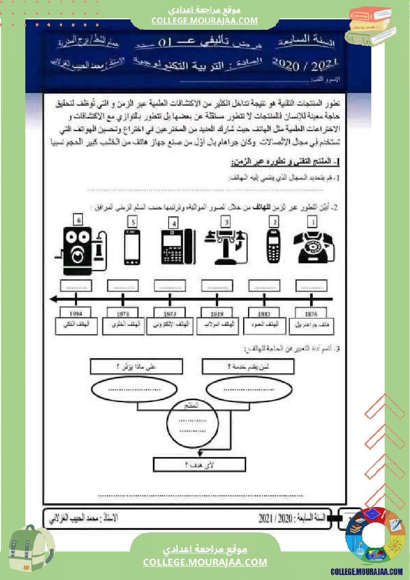 فرض تأليفي السابعة التربية التكنولوجية الثلاثي الأول مع الإصلاح