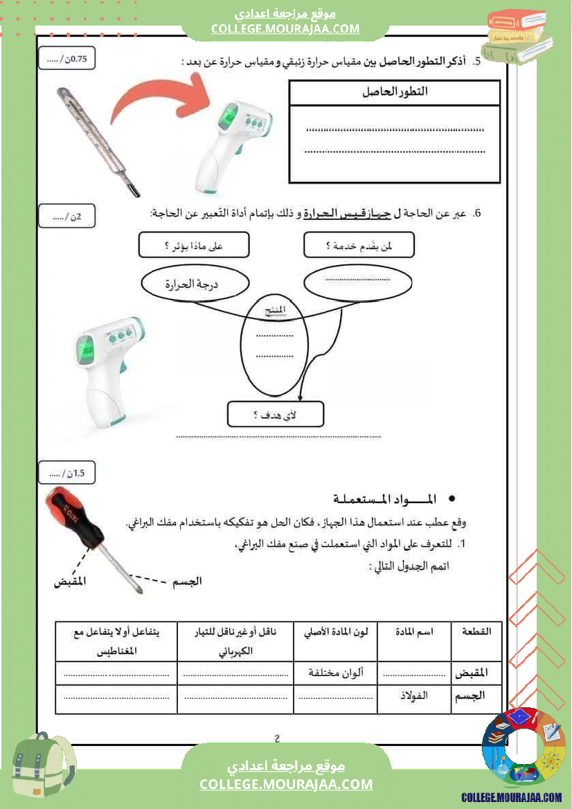 فرض تأليفي السابعة التربية التكنولوجية الثلاثي الأول مع الإصلاح
