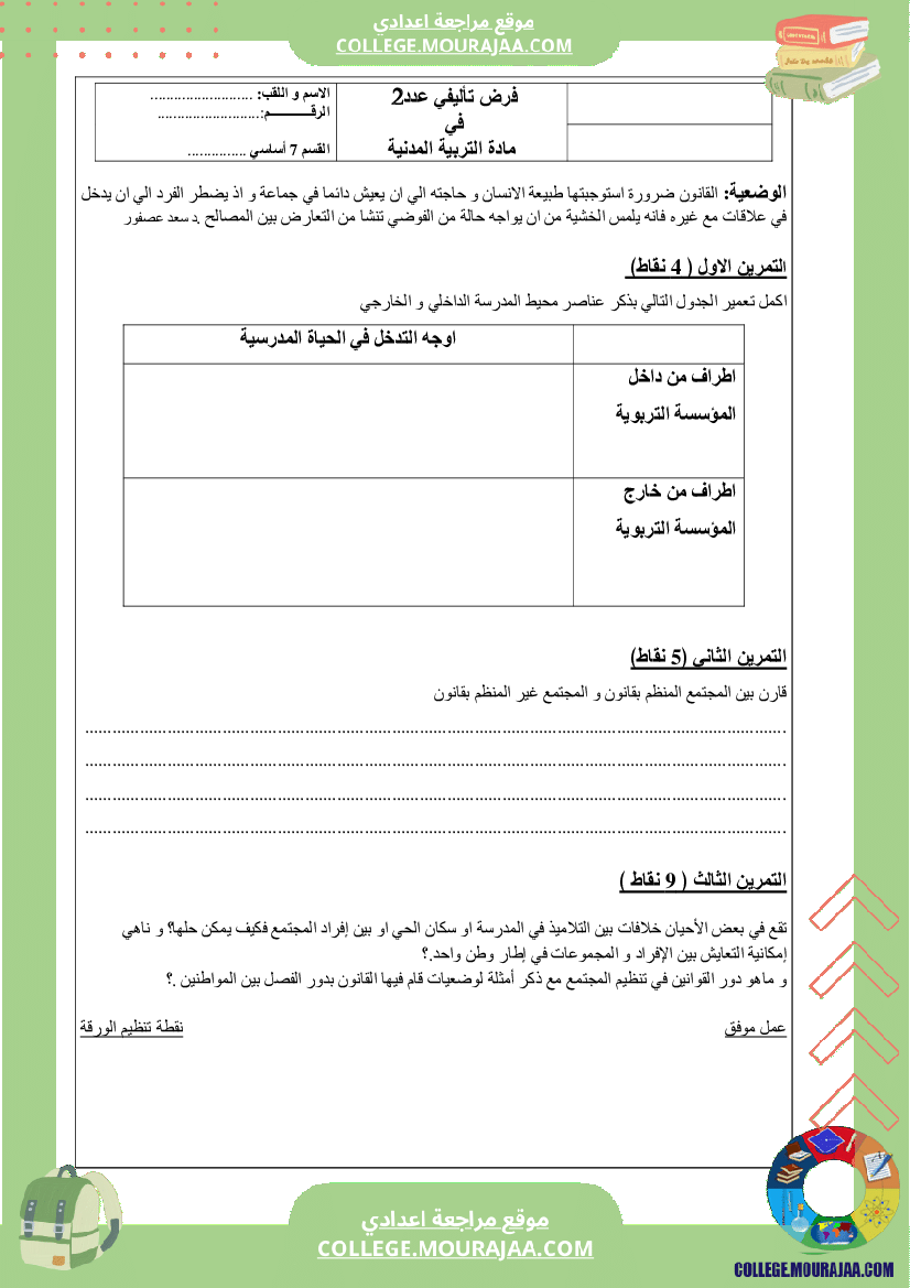 فرض تاليفي سنة السابعة مدنية الثلاثي الثاني