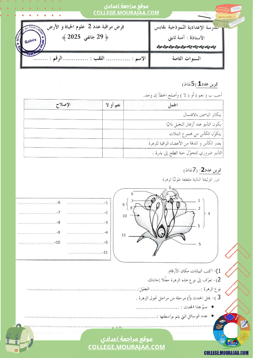 فرض مراقبة عدد 2 علوم الحياة والأرض للسنوات الثامنة نموذجيا