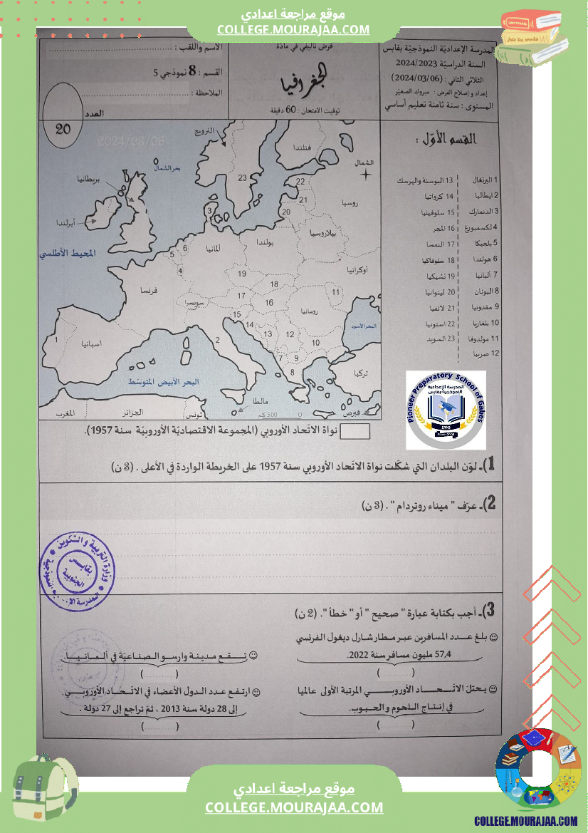 الفرض التأليفي الثاني في الجغرافيا للسنوات الثامنة نموذجي