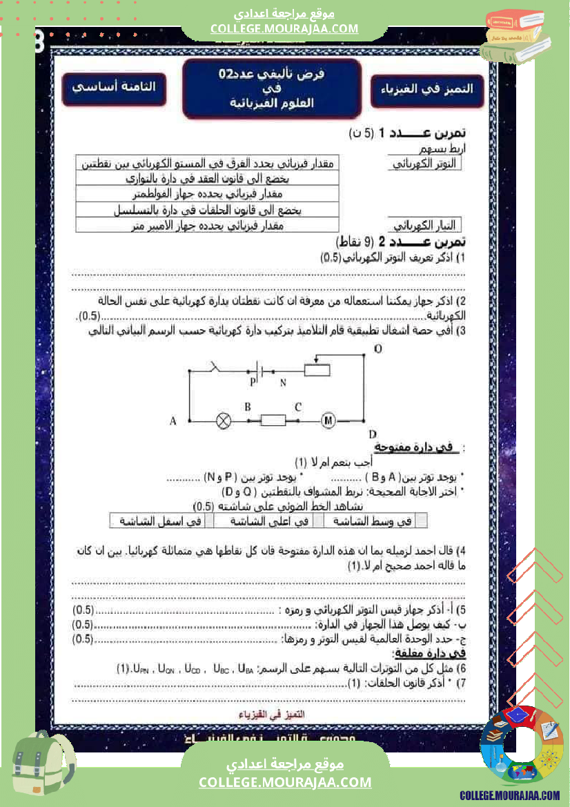 فرض تأليفي عدد2 في العلوم الفيزيائية مع الاصلاح لتلاميذ السنة الثامنة أساسي