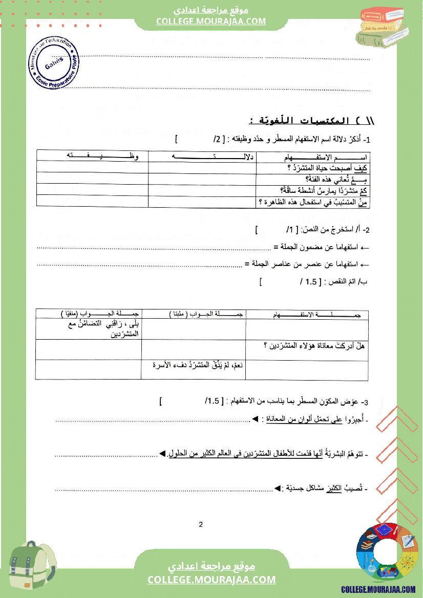 فرض مراقبة عدد 2 في دراسة النص للسنوات التاسعة نموذجي 
