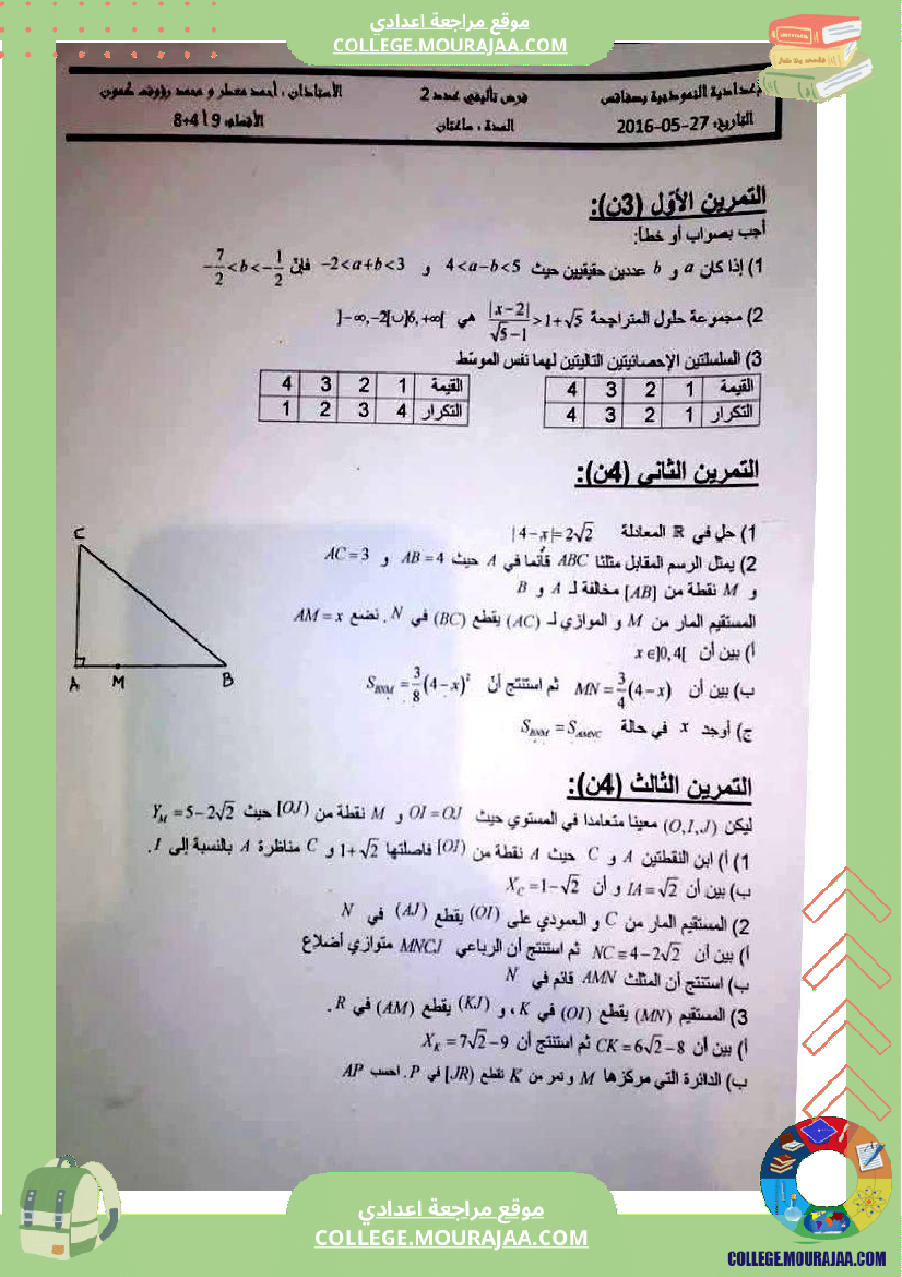 فروض تأليفية عدد 2 في الرياضيات للسنوات التاسعة