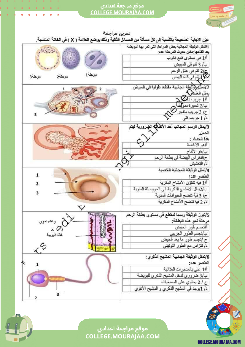 تمارين مراجعة لمحوري الاخراج و التكاثر لتلاميذ السنة التاسعة أساسي