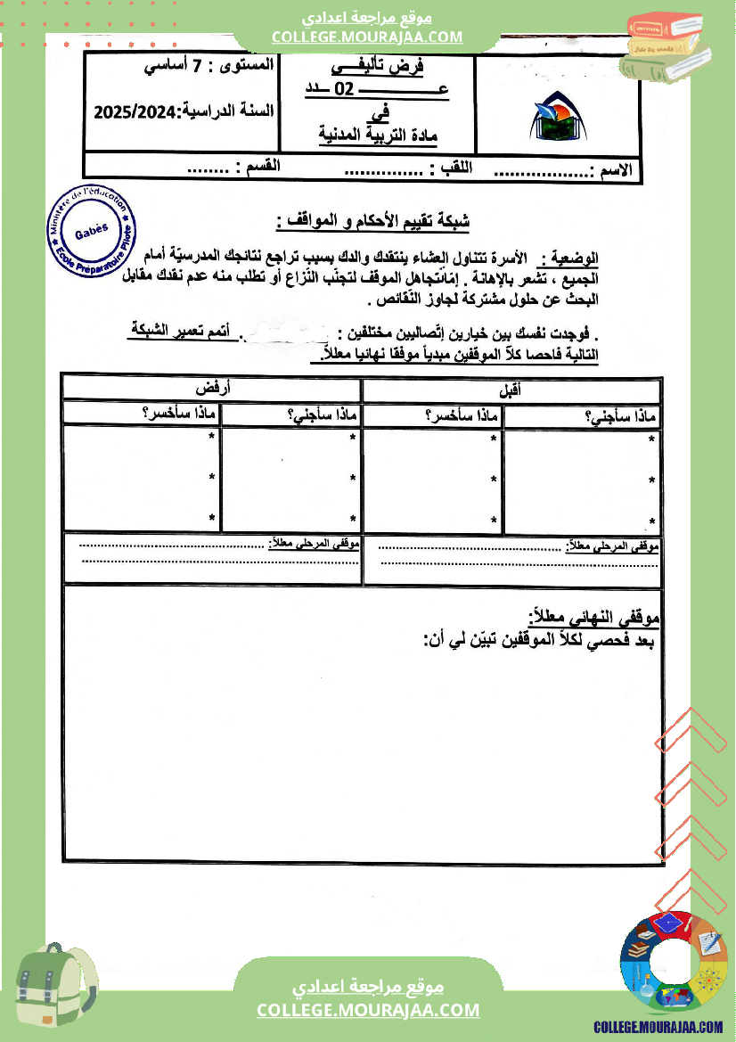 فروض تأليفية عدد 2 تربية مدنية للسنوات السابعة و الثامنة و التاسعة