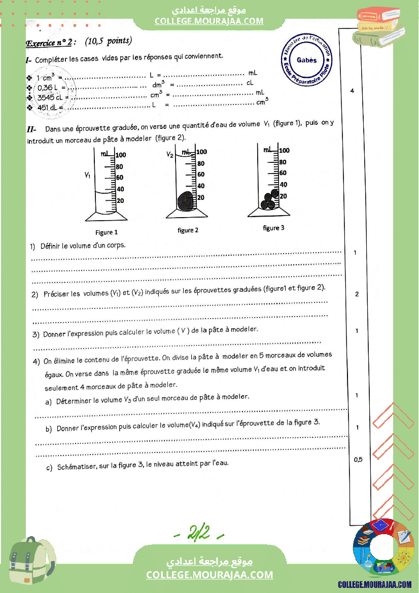 فروض مراقبة عدد 2 في علوم الفيزيائية للسنوات السابعة و الثامنة و التاسعة نموذجي