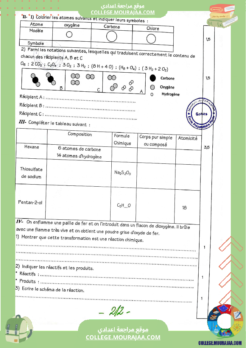 فروض مراقبة عدد 2 في علوم الفيزيائية للسنوات السابعة و الثامنة و التاسعة نموذجي