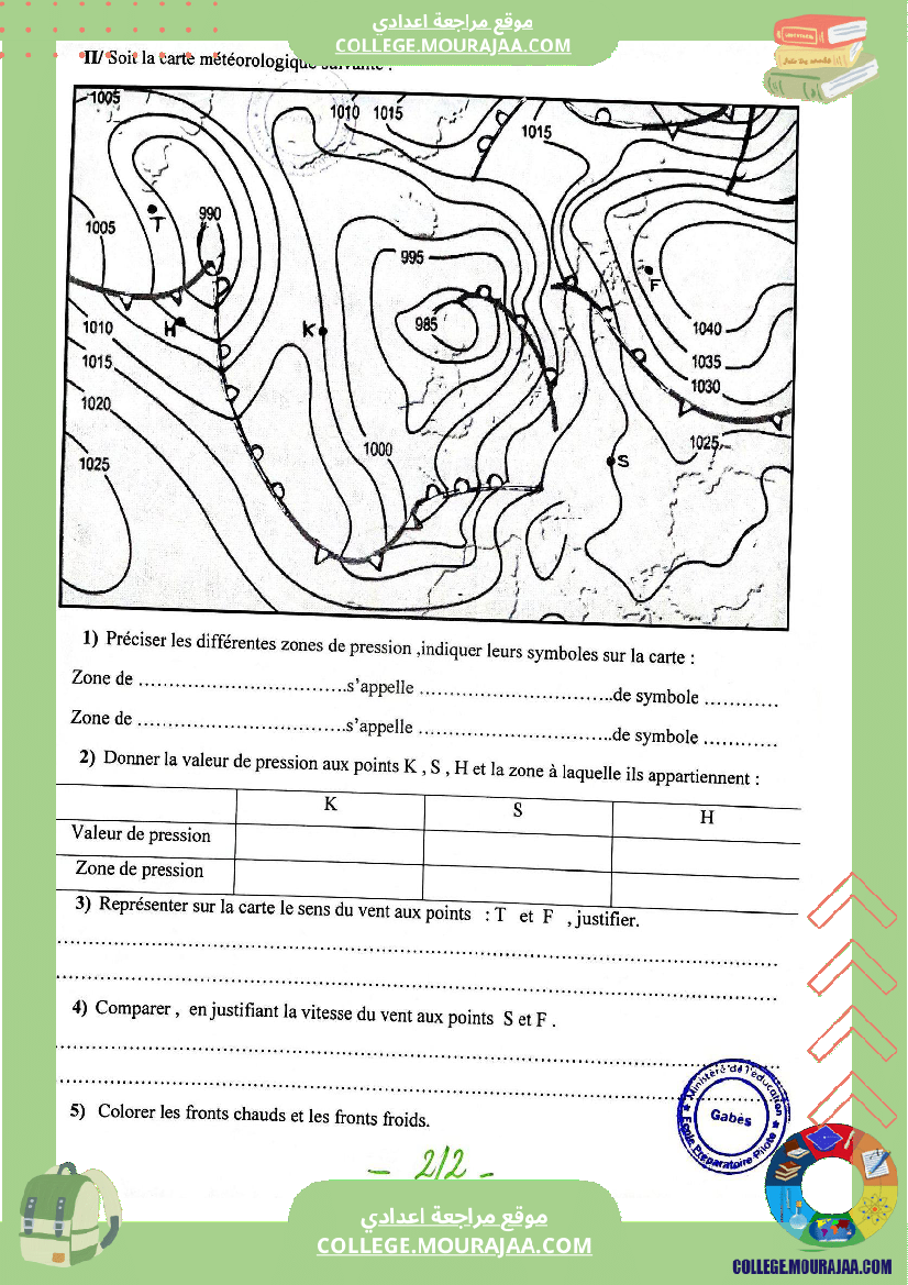 فروض مراقبة عدد 2 في علوم الفيزيائية للسنوات السابعة و الثامنة و التاسعة نموذجي