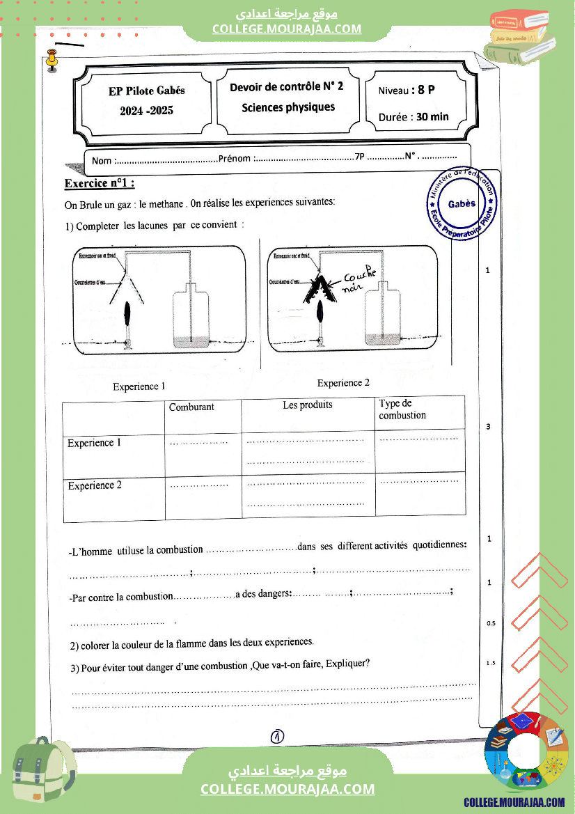 فروض مراقبة عدد 2 في علوم الفيزيائية للسنوات السابعة و الثامنة و التاسعة نموذجي