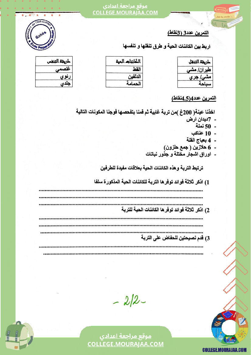 فرض مراقبة عدد 2 علوم الحياة والأرض للسنوات السابعة نموذجي 