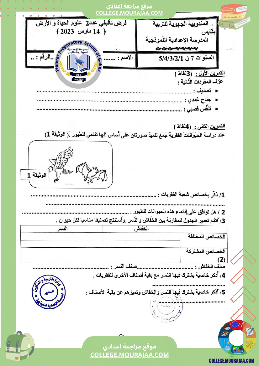الفرض التأليفي الثاني في مادة علوم الحياة والأرض للسنوات السابعة نموذجي 