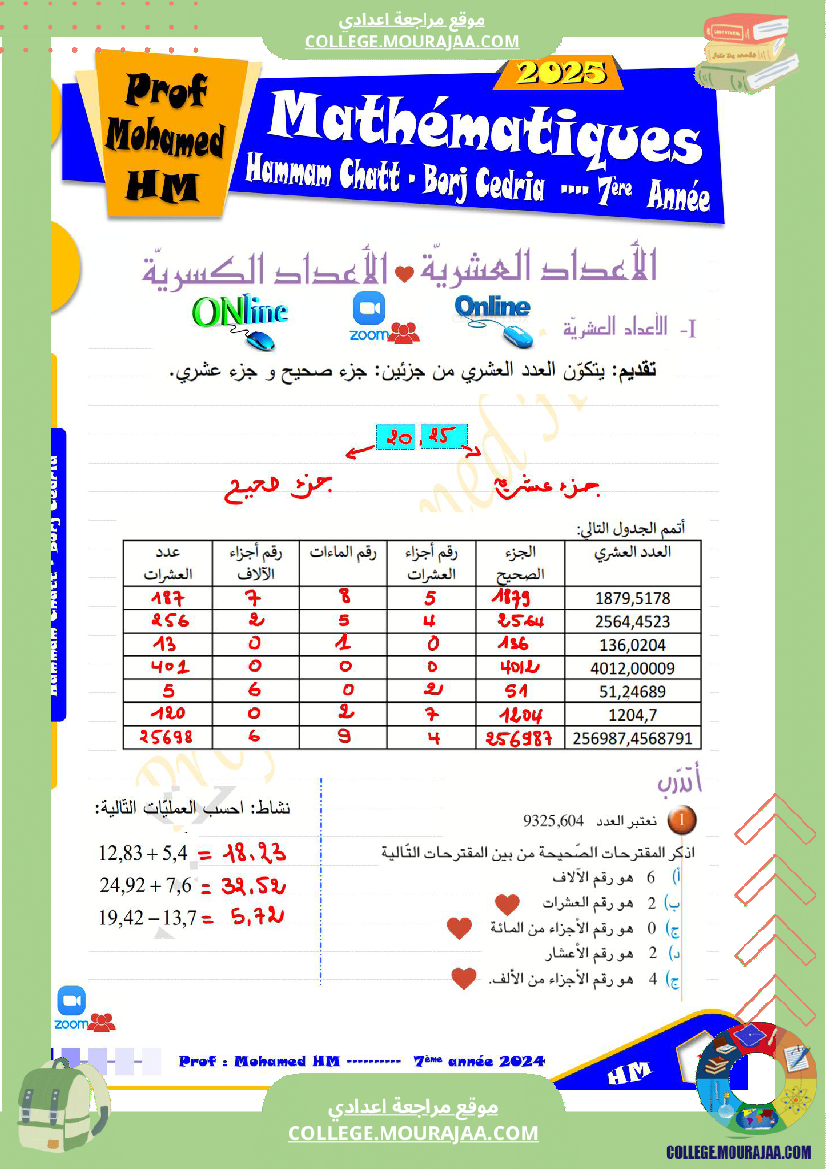 السنة السابعة الأعداد العشرية الأعداد الكسرية