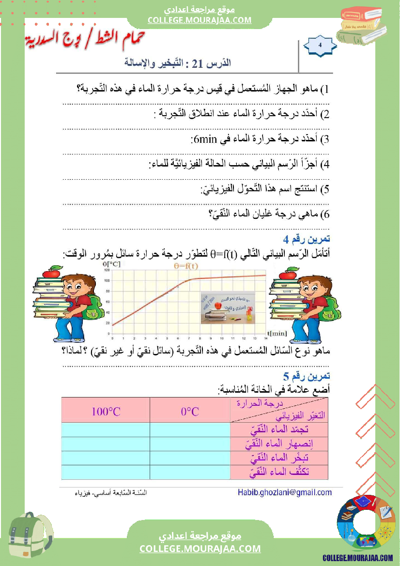 السنة السابعة علوم فيزيائية مراجعة للفرض التأليفي عــــ 02 ـــدد درس التجمد و الانصهار تمارين