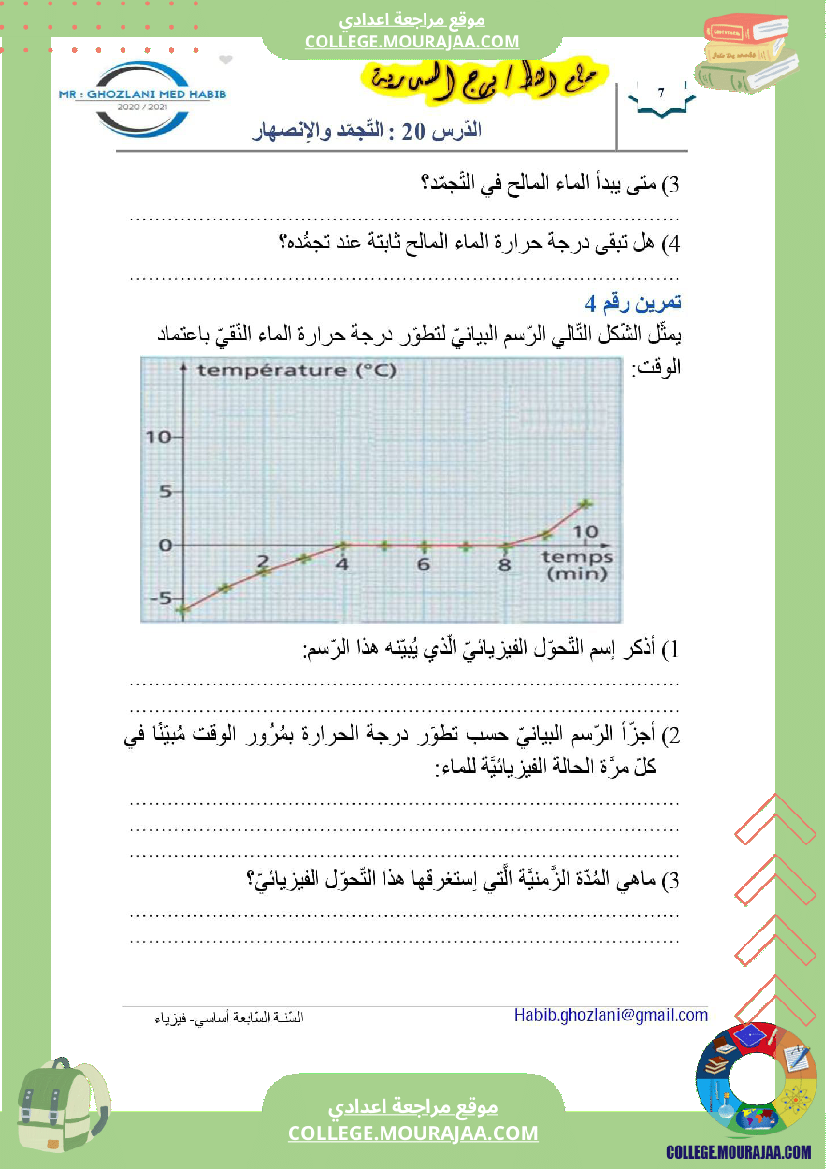 السنة السابعة علوم فيزيائية مراجعة للفرض التأليفي عــــ 02 ـــدد درس التجمد و الانصهار تمارين