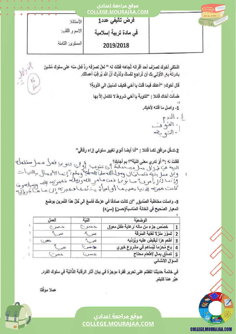 تربية إسلامية سنة ثامنة فرض تأليفي