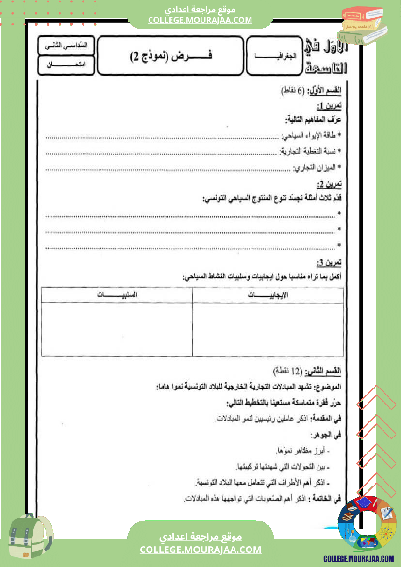 تاسعة أساسي تاريخ وجغرافيا فرض تأليفي عدد 2