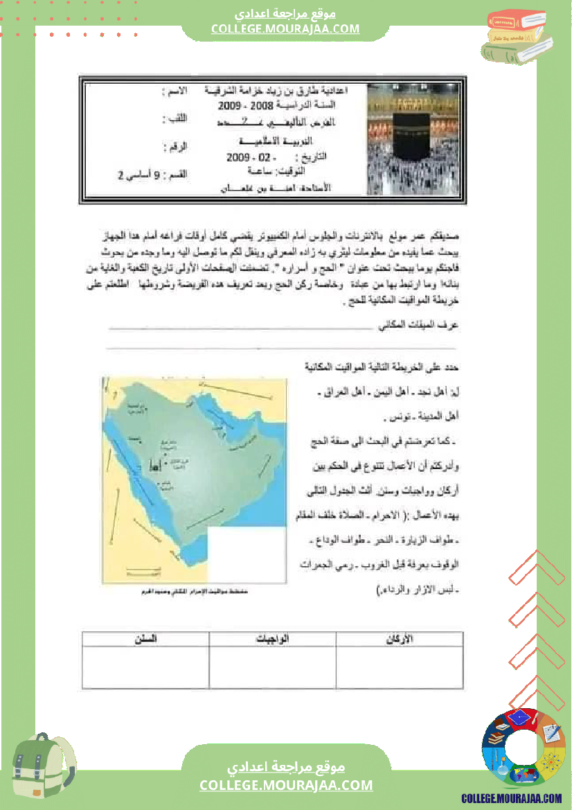 مجموعة فروض التربية الإسلامية نوع الإمتحان تأليفي الثلاثية الثانية المستوى تاسعة أساسي