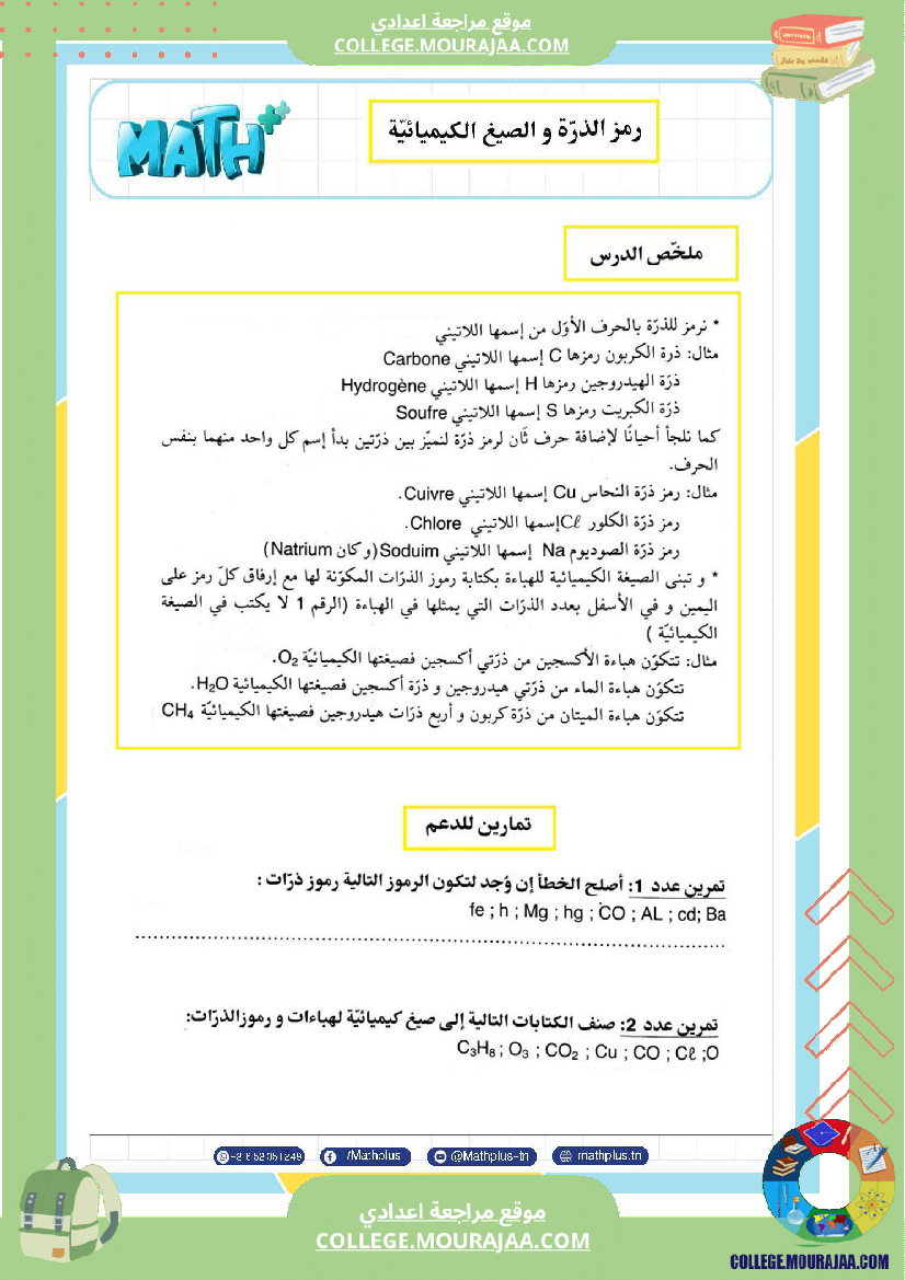 التاسعة اساسي physique استعدادا لفرض المراقبة عدد 2 تلخيص للدروس تمارين تطبيقية فروض