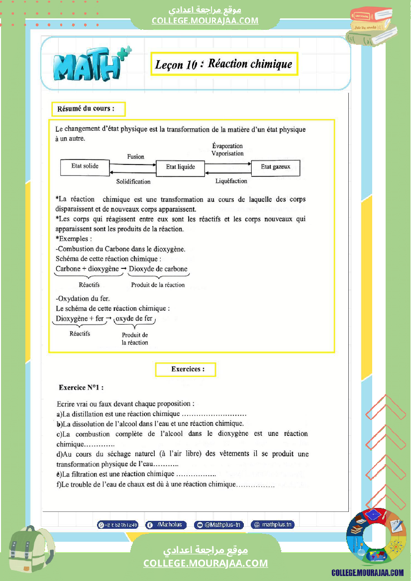 التاسعة اساسي تلخيص للدروس تمارين تطبيقية فروض 1