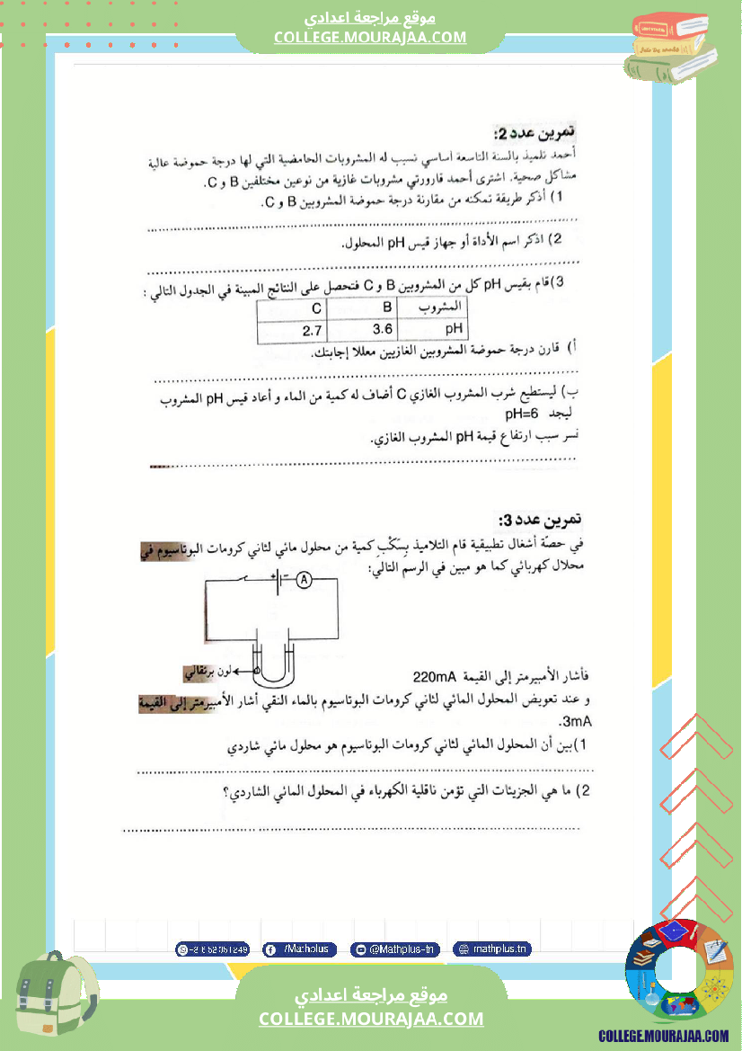التاسعة اساسي فيزياء استعدادا للفرض التاليفي عدد 2 تلخيص للدروس تمارين تطبيقية فروض