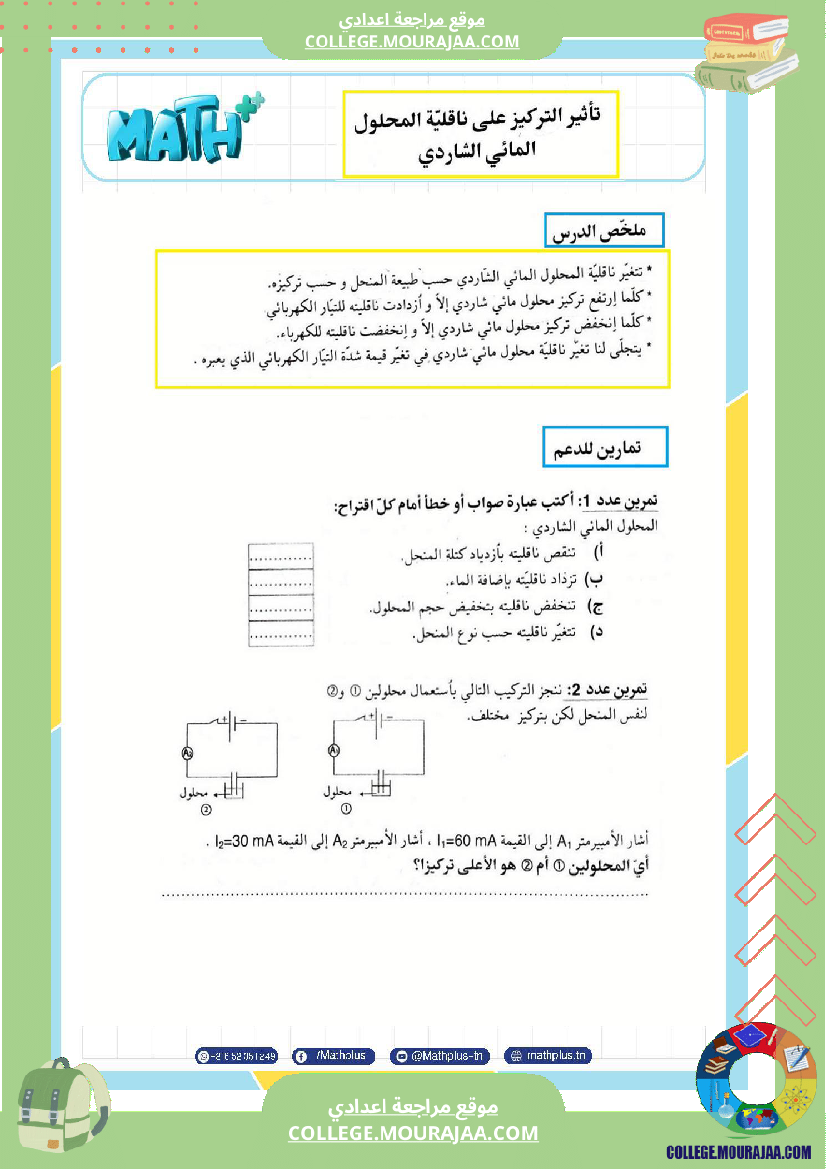 التاسعة اساسي فيزياء استعدادا للفرض التاليفي عدد 2 تلخيص للدروس تمارين تطبيقية فروض