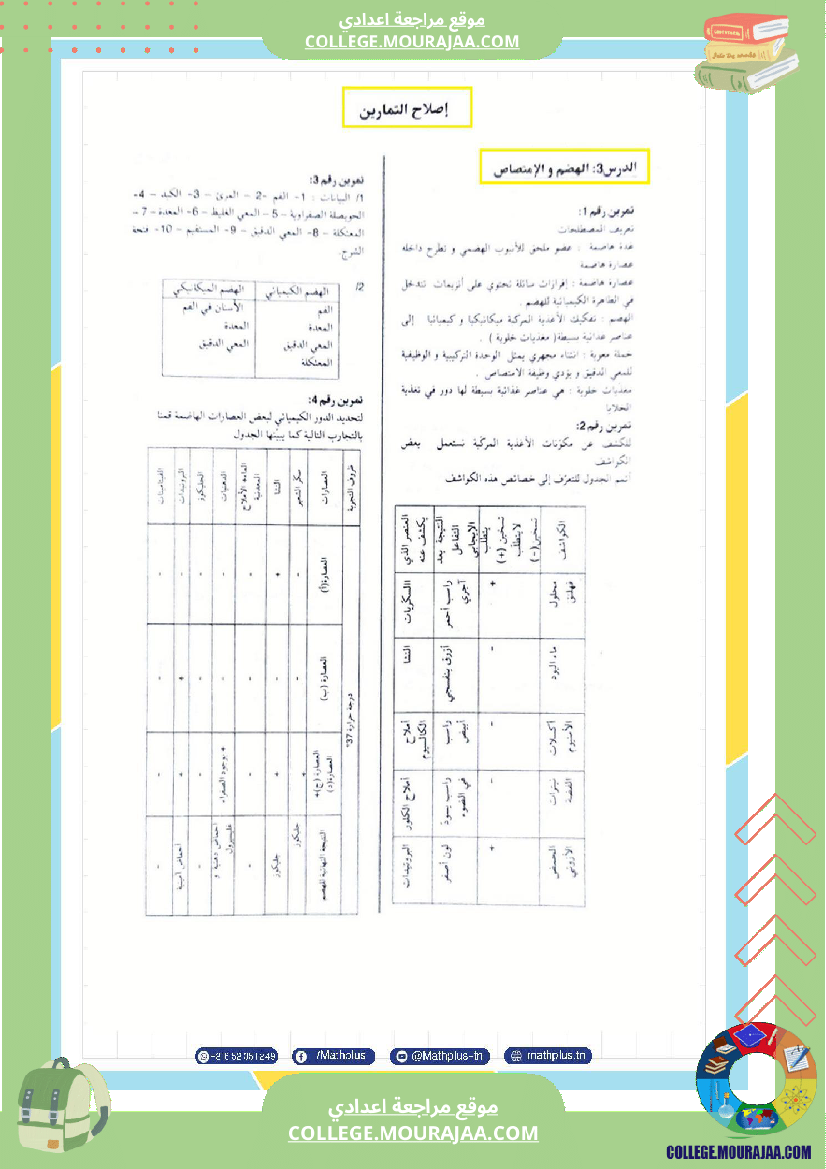 التاسعة اساسي علوم الحياة والارض الثلاثي الثاني تلخيص للدروس تمارين تطبيقية مع الاصلاح
