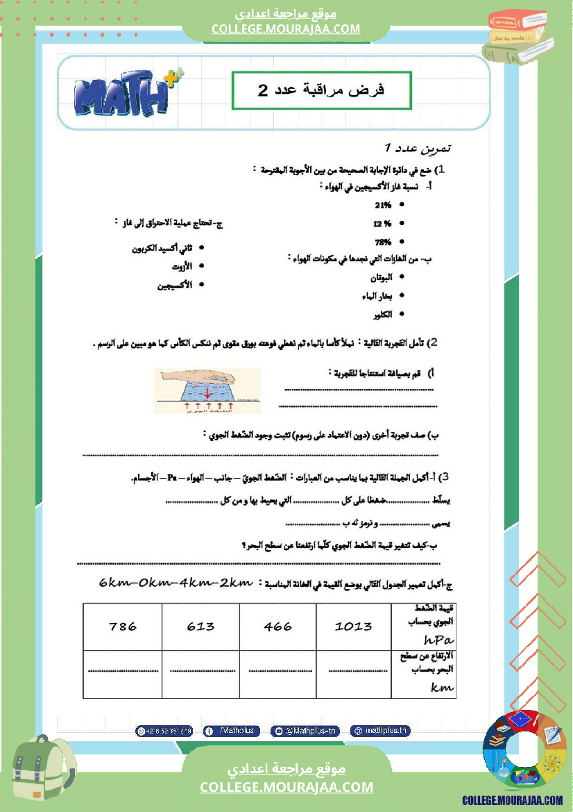 السابعة اساسي فيزياء فروض مراقبة عدد 2