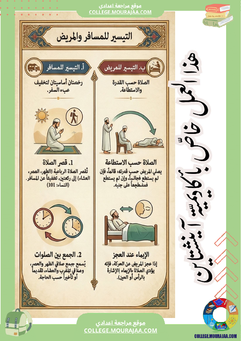 ملخصات إسلامية درس التيسير في الصلاة ا الثلاثي الثاني السنة السابعة أ